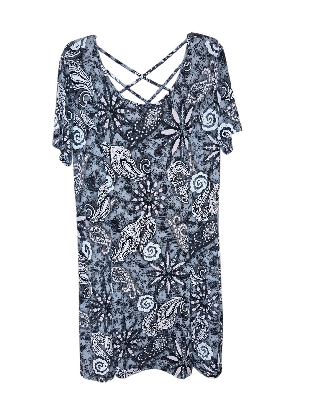 Sami & Jo Blue Grey Paisley Print Short Sleeve Crisscross Dress